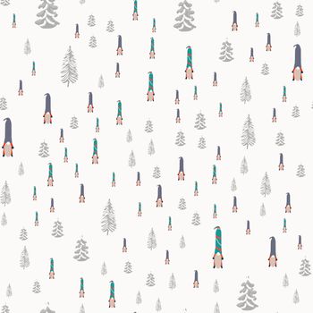 Seamless design with scandinavian gnomes and winter pine trees. Beautiful festive design with elves decorations. For wrapping paper, textiles, fabric. Flat cartoon style vector illustration.