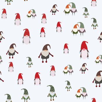 Scandinavian gnomes seamless pattern. Beautiful festive design with elves decorations. For wrapping paper, textiles, fabric. Flat cartoon style vector illustration.