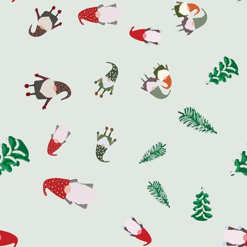 Seamless pattern with pine trees and Christmas scandinavian gnomes. Beautiful festive design with elves decorations. For wrapping paper, textiles, fabric. Flat cartoon style vector illustration.