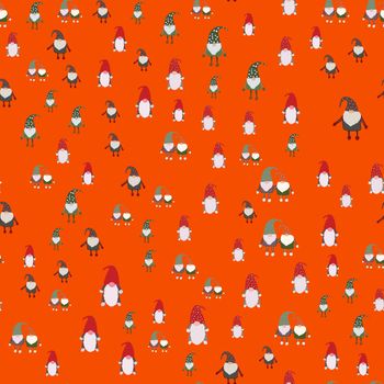 Seamless pattern with Christmas scandinavian gnomes. Beautiful festive design with elves decorations. For wrapping paper, textiles, fabric. Flat cartoon style vector illustration.