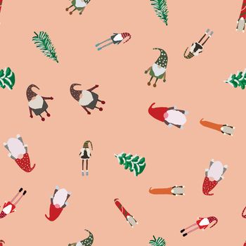 Seamless pattern with scandinavian gnomes and Christmas trees. Beautiful festive design with elves decorations. For wrapping paper, textiles, fabric. Flat cartoon style vector illustration.