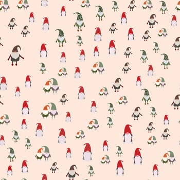 Seamless pattern with scandinavian gnomes. Beautiful festive design with elves decorations. For wrapping paper, textiles, fabric. Flat cartoon style vector illustration.