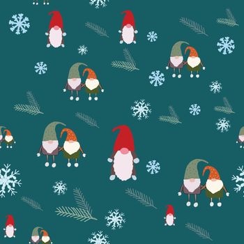 Seamless pattern with snowflakes, scandinavian gnomes and pine tree spruce. Beautiful festive design with elves decorations. For wrapping paper, textiles, fabric. Vector illustration.