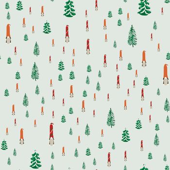 Seamless pattern with Christmas gnomes and Christmas trees. Beautiful festive design with elves decorations. For wrapping paper, textiles, fabric. Flat cartoon style vector illustration.