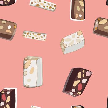 Seamless pattern with Christmas sweets and nougat desserts. Cute endless background New year and Christmas. Vector illustration.