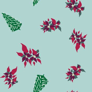 Christmas Tree and Red poinsettia seamless pattern. Cute endless background New year and Christmas. Vector illustration.