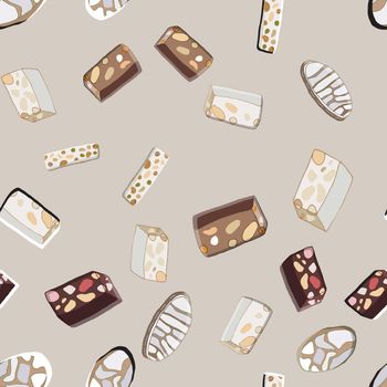 Seamless pattern with Christmas traditional italian Ricciarelli cookies and nougat sweets. Cute endless background New year and Christmas. Vector illustration.