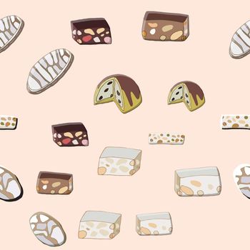 Seamless pattern with Christmas italian pudding Zuccotto, nougat sweets and traditional Ricciarelli cookies. Cute endless background New year and Christmas. Vector illustration.