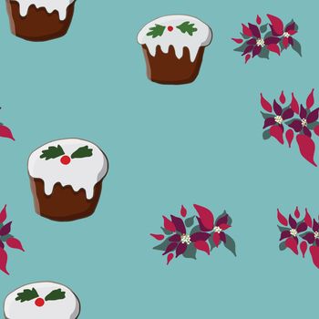 Seamless pattern with Christmas pudding and poinsettia. Cute endless background New year and Christmas. Vector illustration.