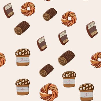 Seamless pattern with Christmas sweets in flat cartoon style. Panettone, Chrsitmas Log, Bundts, cookies. Cute endless background New year and Christmas.