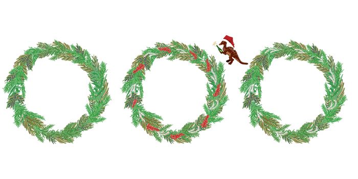 Christmas wreath collection with cute dino santa isolated on white background. Festive decoration for print, cards, stickers, apparel, home decor. Vector illustration.