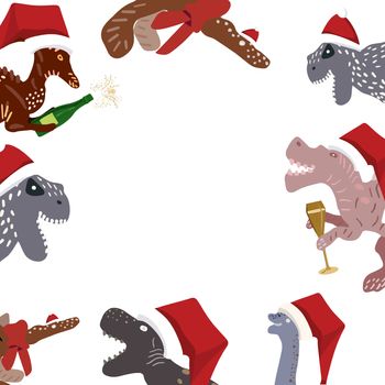 Christmas Dinosaurs with santa hats and Champagne border on white. Design print for cards, stickers, apparel, home decor. Vector illustration.