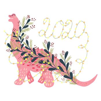 Cute pink girl Christmas Dinosaur with festive lights and sign 2020. Merry Christmas and Happy New Year composition isolated on white. Design print for cards, stickers, apparel, home decor. Vector.