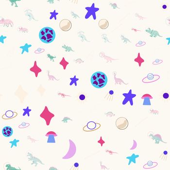 Space dino seamless pattern on cream color. Cute wild galaxy monster endless design. Joyous reptile astronaut and planets decor for textile, paper, web, wallpaper. Vector illustration in flat cartoon style.