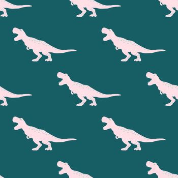 Pink girl dinosaur seamless pattern on teal. Adorable wild animal repeat ornaments. Colored vector illustration in flat cartoon style.