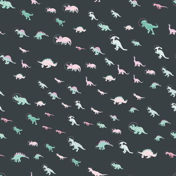 Dinosaur astronauts seamless pattern on black. Cute wild galaxy monster endless design. Joyous reptile space decor for textile, paper, web, wallpaper. Vector illustration in flat cartoon style.