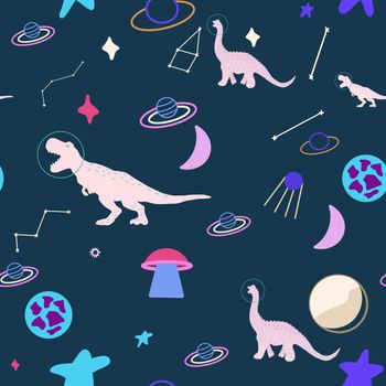 Space dino girl seamless pattern on blue. Wild galaxy monster endless design. Joyous reptile astronaut and planets decor for textile, paper, web, wallpaper. Vector illustration in flat cartoon style.