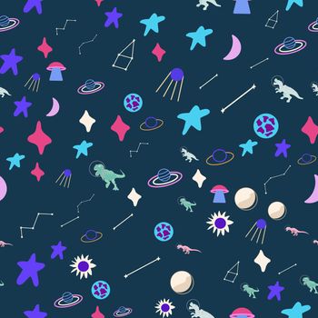 Dinosaur astronauts seamless pattern on blue. Wild galaxy monster endless design. Joyous reptile and planets decor for textile, paper, web, wallpaper. Vector illustration in flat cartoon style.