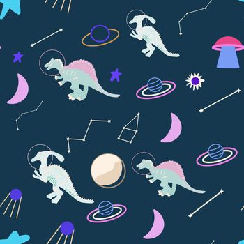 Space dinosaur seamless pattern on blue. Wild galaxy monster endless design. Joyous reptile astronaut and planets decor for textile, paper, web, wallpaper. Vector illustration in flat cartoon style.