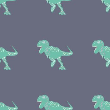 Turquoise dinosaur seamless pattern on grey. Adorable wild animal repeat ornaments. Colored vector illustration in flat cartoon style.