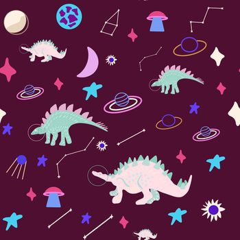 Space girl dinosaur seamless pattern on maroon. Cute wild monster endless design. Joyous reptile galaxy decor for textile, paper, web, kid clothing. Vector illustration in flat cartoon style.