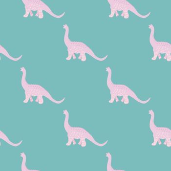 Adorable baby pink dinosaur seamless pattern on turquoise. Cute wild animal repeat ornaments. Colored vector illustration in flat cartoon style.