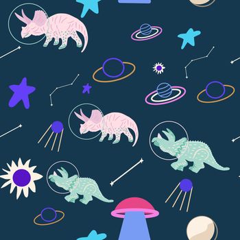 Space dino seamless pattern on blue. Cute wild galaxy monster endless design. Joyous reptile astronaut and planets decor for textile, paper, web, wallpaper. Vector illustration in flat cartoon style.