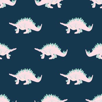 Pink girl dinosaur seamless pattern on blue. Adorable wild animal repeat ornaments. Colored vector illustration in flat cartoon style.