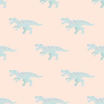 Cute turquoise dinosaur simple seamless pattern on blush pink. Adorable wild animal repeat ornaments. Colored vector illustration in flat cartoon style.