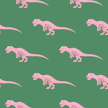 Cute rose dinosaur girl seamless pattern on green. Adorable wild animal repeat ornaments. Colored vector illustration in flat cartoon style.