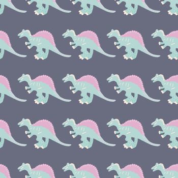 Cute turquoise dinosaur simple seamless pattern on grey. Adorable wild animal repeat ornaments. Colored vector illustration in flat cartoon style.