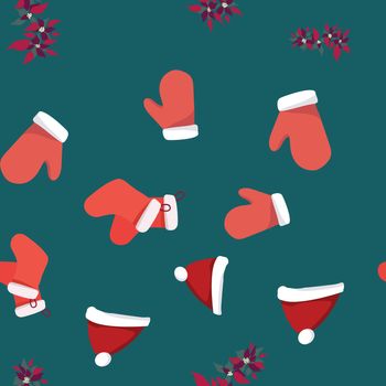 Collection of red santa gloves, Christmas hat and poinsettia seamless pattern. Festive endless design. Holiday decor wrapping paper, background. Colorful vector illustration in flat cartoon style.