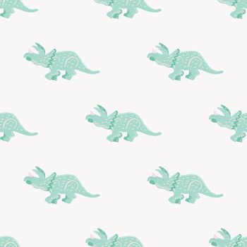 Turquoise dinosaur simple seamless pattern on pink. Adorable wild animal repeat ornaments. Colored vector illustration in flat cartoon style.