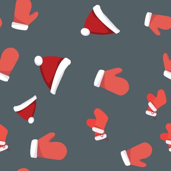 Collection of red santa gloves and Christmas hat seamless pattern. Festive endless design. Holiday decor wrapping paper, background. Colorful vector illustration in flat cartoon style.