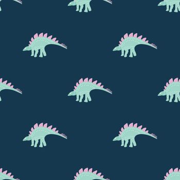 Turquoise dinosaur simple seamless pattern on blue. Adorable wild animal repeat ornaments. Colored vector illustration in flat cartoon style.