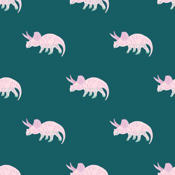 Cute pink dinosaur simple seamless pattern on teal. Adorable wild animal repeat ornaments. Colored vector illustration in flat cartoon style.