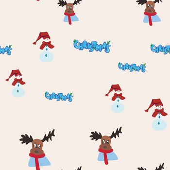 Christmas lettering, snowman and reindeer seamless pattern. Festive endless design. Holiday decor wrapping paper, background. Colorful vector illustration in flat cartoon style.