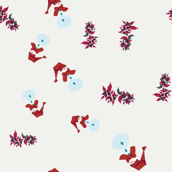 Christmas red poinsettia and snowman seamless pattern. Festive endless design. Holiday decor wrapping paper, background. Colorful vector illustration in flat cartoon style.