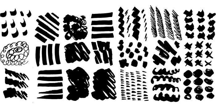 Collection with square set of black brush strokes, paint traces, lines, smudges, smears, stains, scribbles isolated on white background. Vector illustration.