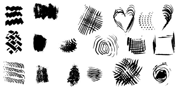 Abstract shapes with rough brush strokes, paint traces, lines, smudges, smears, stains, scribbles isolated on white background. Vector illustration.