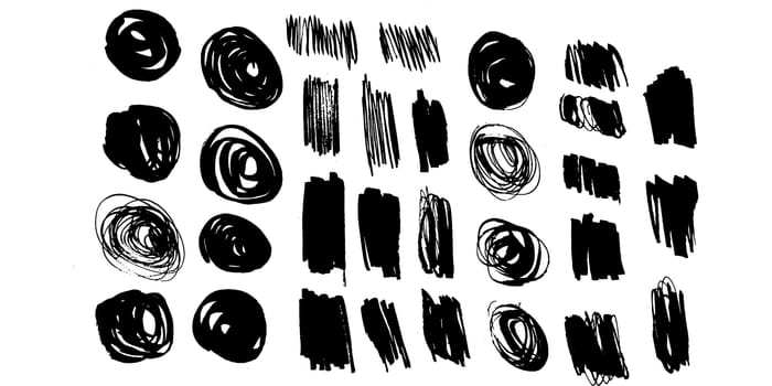 Collection of black brush strokes, paint traces, lines, smudges, smears, stains, scribbles isolated on white background. Vector illustration.