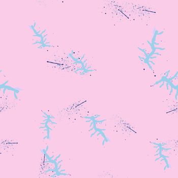 Blue sea coral on pink trendy seamless pattern with hand drawn textures background. Design for wrapping paper, wallpaper, fabric print, backdrop. Vector illustration.