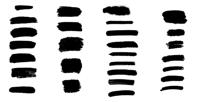 Bundle of black brush strokes, paint traces, lines, smudges, smears, stains, scribbles isolated on white background. Vector illustration.