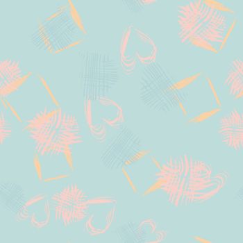 Pink abstract shapes on turquoise seamless pattern with hand drawn texture colorful background. Design for wrapping paper, wallpaper, fabric print, backdrop. Vector illustration.