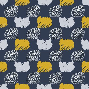 Mustard and grey on blue color trendy seamless pattern with hand drawn texture ethnic background. Design for wrapping paper, wallpaper, fabric print, backdrop. Vector illustration.