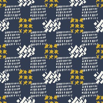 Mustard and grey on blue color modern seamless pattern with hand drawn texture ethnic background. Design for wrapping paper, wallpaper, fabric print, backdrop. Vector illustration.