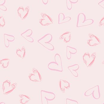 Pink valentine hearts on blush pink seamless pattern with hand drawn texture pastel romantic background. Design for wrapping paper, wallpaper, fabric print, backdrop. Vector illustration.
