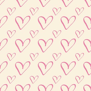 Pink hearts on pastel cream trendy seamless pattern romantic valentine colorful background. Design for wrapping paper, wallpaper, fabric print, backdrop. Vector illustration.