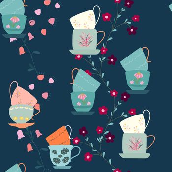 Seamless pattern with stacks of retro tea cups and flowers on blue background. Endless design for textile, card, cover. Vector illustration.