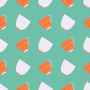 Simple seamless pattern with blue and orange retro tea cups on turquoise background. Endless design for textile, card, cover. Vector illustration.